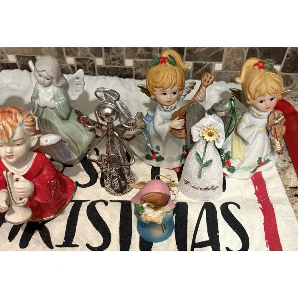 Angel Bell Ornament figurines‎ ceramic silver  Vintage Lot of 8
